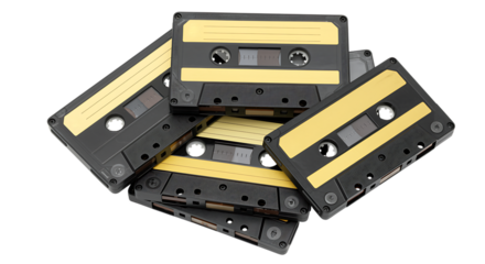 A pile of vintage black cassette tapes with yellow labels isolated on transparent background