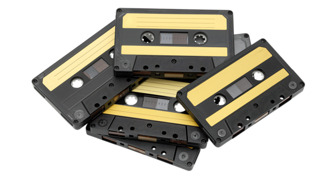 A pile of vintage black cassette tapes with yellow labels isolated on transparent background