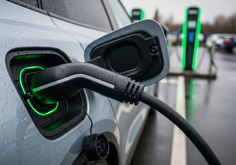 A charging cable is inserted into the charging port of an electric car, symbolizing sustainable transportation.