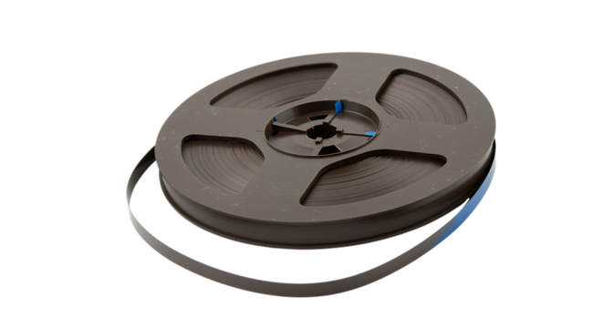 A dark brown reel of magnetic tape, possibly for audio or video recording, isolated on transparent background