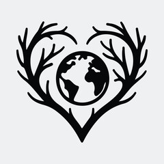Silhouette earth globe encased in heart shaped branches vector illustration