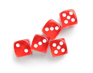 Many red game dices on white background