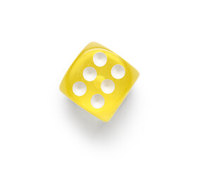 Yellow game dice on white background