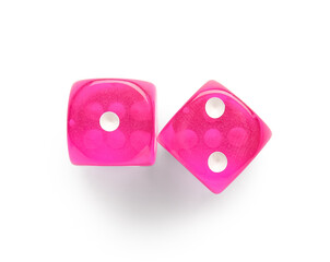 Pink game dices on white background