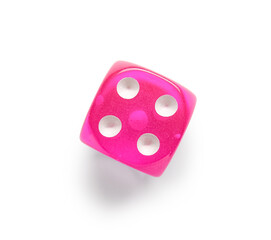 Pink game dice on white background
