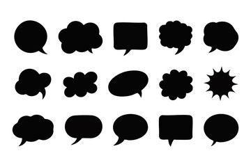 Fifteen black speech bubble forms show varied shapes on a clear transparent background