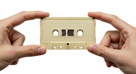 Hands holding an old beige cassette tape isolated on transparent background