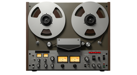 Professional reeltoreel audio tape recorder machine with vu meters and controls, isolated on transparent background