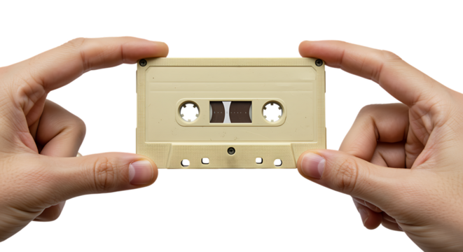 Hands holding an old beige cassette tape isolated on transparent background