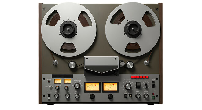 Professional reeltoreel audio tape recorder machine with vu meters and controls, isolated on transparent background