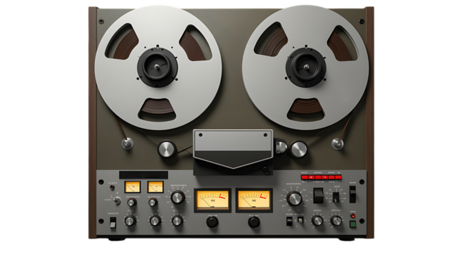 Professional reeltoreel audio tape recorder machine with vu meters and controls, isolated on transparent background
