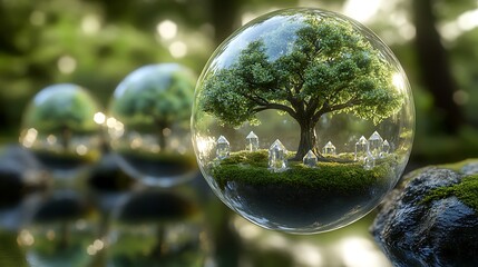 Green Tree Reflected in Sunlit Water on Earth Sphere
