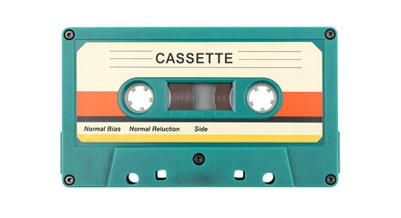 A teal colored audio cassette tape with a cream and orange label that reads cassette, isolated on a transparent background, representing analog music