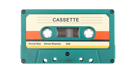 A teal colored audio cassette tape with a cream and orange label that reads cassette, isolated on a transparent background, representing analog music
