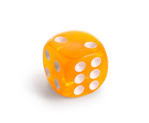 Orange game dice on white background