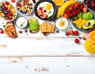 Healthy Breakfast Food Variety on White Wooden Table Background.