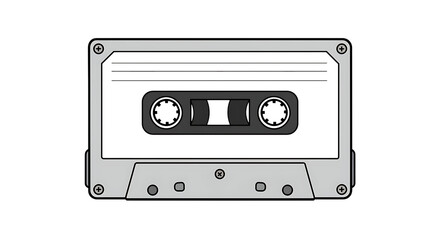 Obraz premium A simple illustration or vector graphic of a gray audio cassette tape with a white label and black spools, isolated on a transparent background, symbolizing music