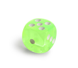 Green game dice on white background