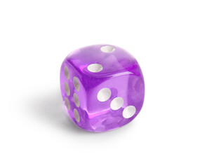 Purple game dice on white background