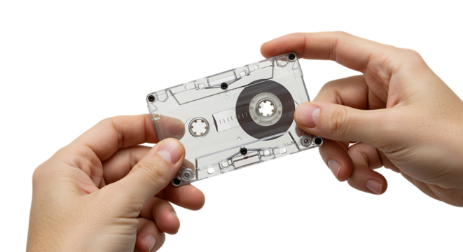 Hands holding a clear cassette tape showing internal mechanism isolated on transparent background