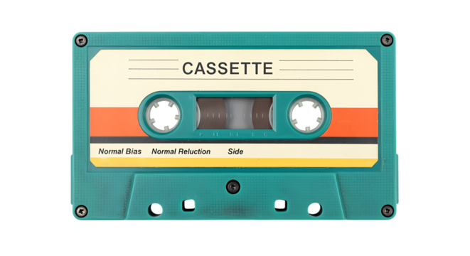 A teal colored audio cassette tape with a cream and orange label that reads cassette, isolated on a transparent background, representing analog music
