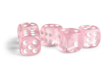 Many pink game dices on white background