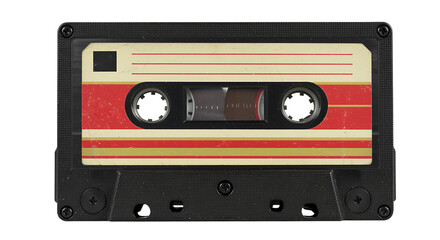 Obraz premium Vintage cassette tape with red and yellow stripes isolated on transparent background, a symbol of analog audio