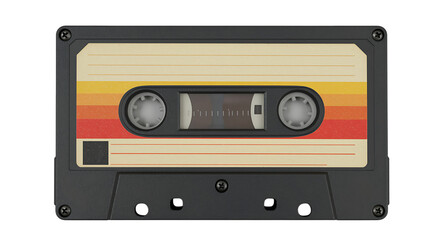 Retro cassette tape with colorful stripes isolated on transparent background, evoking nostalgia and vintage music