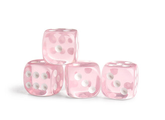 Many pink game dices on white background