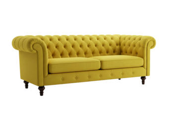 A vibrant yellow tufted sofa with rounded arms and dark wooden legs, photographed against a clean white background in a studio setting, showcasing modern elegance and comfort.