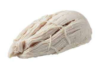 Roughly shredded pale boiled chicken breast, dry fibrous texture, transparent background, soft studio light, close-up still life, concept of fundamental sustenance