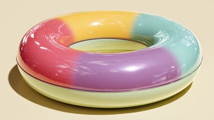 Inflatable pool float with a circular design, showcasing a bright gradient of colors, placed on sandy background, ideal for summer activities and leisure time