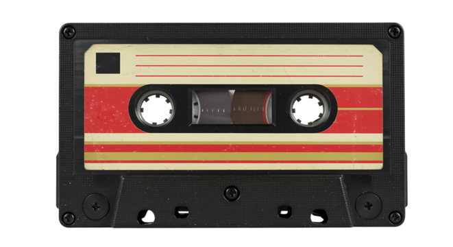 Vintage cassette tape with red and yellow stripes isolated on transparent background, a symbol of analog audio - Powered by Adobe