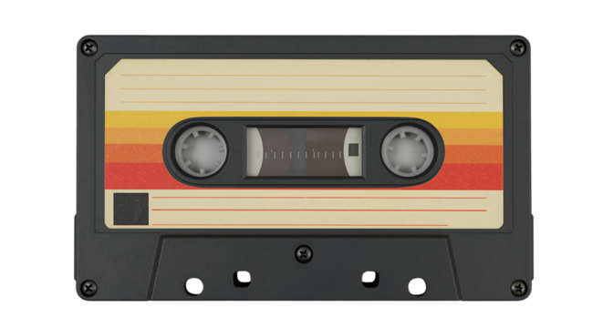 Retro cassette tape with colorful stripes isolated on transparent background, evoking nostalgia and vintage music
