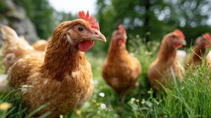 Fototapeta premium FreeRange Chickens Grazing on a Lush Grass Meadow, Ideal for Lifestyle and NatureFocused Projects Inspires Tranquility and Simplicity.