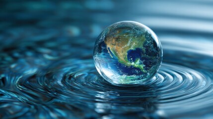 A clear spherical representation of Earth floats in calm water creating beautiful ripples around it. The globe prominently displays North America and surrounding water.
