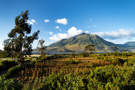 Otavalo with San Pablo Lake, blue sky and volcano Imbabura
