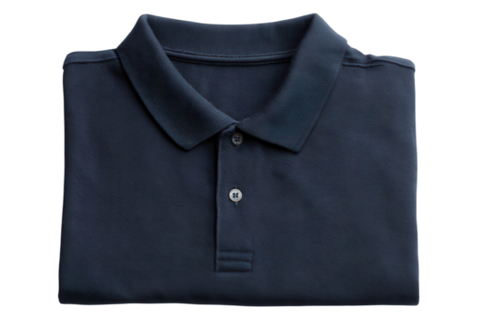 A classic dark navy polo shirt is neatly folded and photographed from above on an isolated  isolated on transparent background, perfect cutout, PNG