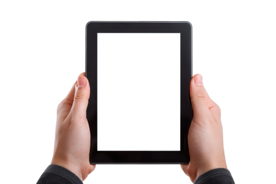 A person holds a digital tablet with a blank white screen perfect for mockups isolated on a  isolated on transparent background, perfect cutout, PNG