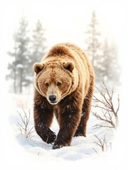Obraz premium Majestic Grizzly Bear Walking in Snowy Winter ForestDescription: A powerful and realistic illustration of a large Brown Bear, likely a Grizzly or Kodiak Bear, walking directly toward the viewer thro