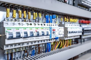 Electrical panel with circuit breakers and organized wiring