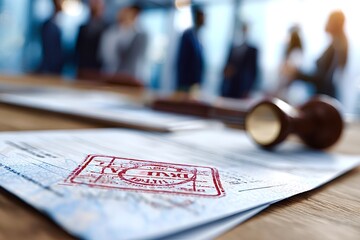 Legal document with stamp and gavel on table