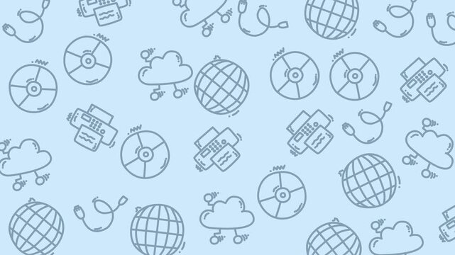 Animated technology pattern showing hand-drawn icons of servers, clouds, and data cables. Perfect for tech, IT, and cloud computing visual content