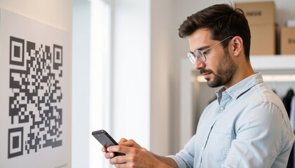 Man using smartphone to scan QR code on wall in modern office  