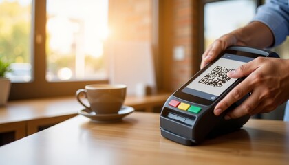 Hand using contactless payment terminal next to coffee cup  