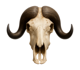 Curved-horned musk ox skull featuring a distinct nasal cavity.