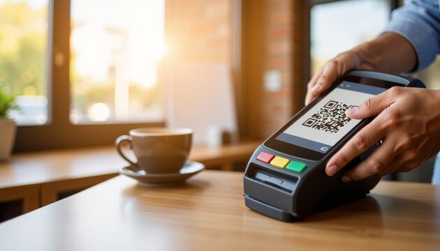 Hand using contactless payment terminal next to coffee cup  