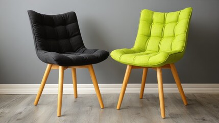 Fototapeta premium Two modern chairs black and green against a grey wall