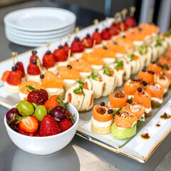 Delicious and Colorful Sushi and Fruit Platter for Catering.
