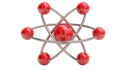 A 3D atom molecule model with connected spheres and bonds, isolated on a white or transparent png background, symbolizing science, chemistry, and structure.